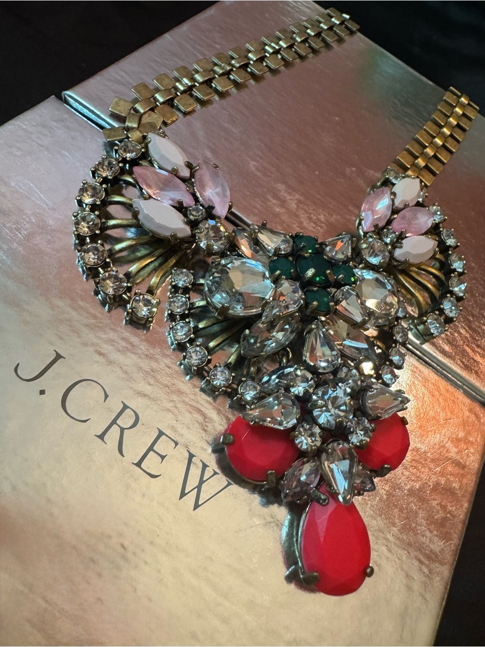 J. Crew Vintage Crystal Fan Statement Necklace -Pink & Green